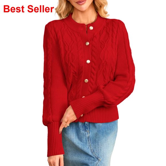 Chunky Cable Knit Cardigan Sweater Button Front Cropped Women's Fall